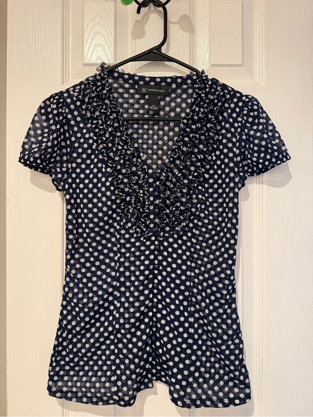 INC Navy and White Polka Dot Ruffle V-Neck Blouse